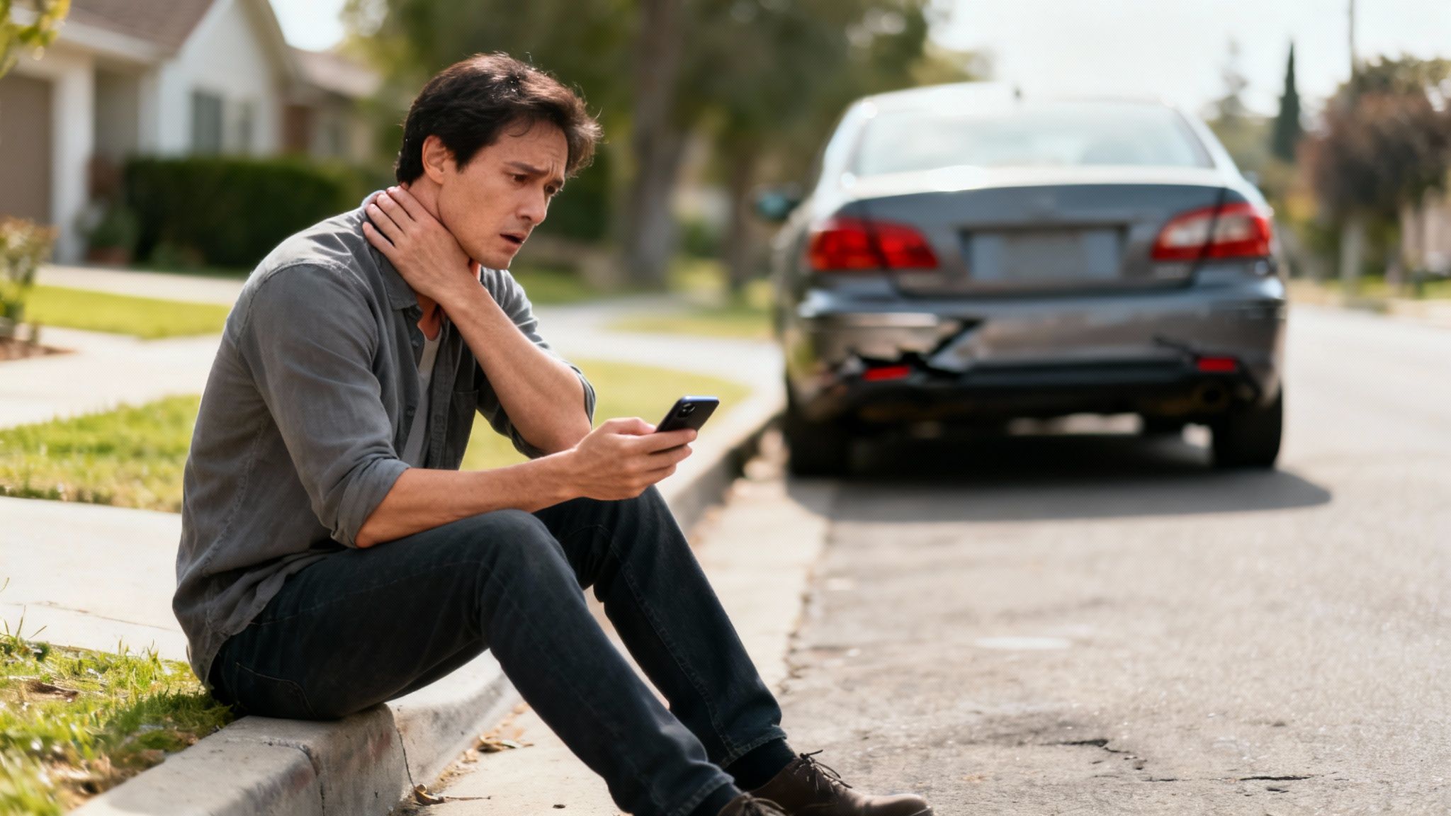 A man sits distressed on a curb, holding his neck after a car accident with a damaged vehicle.