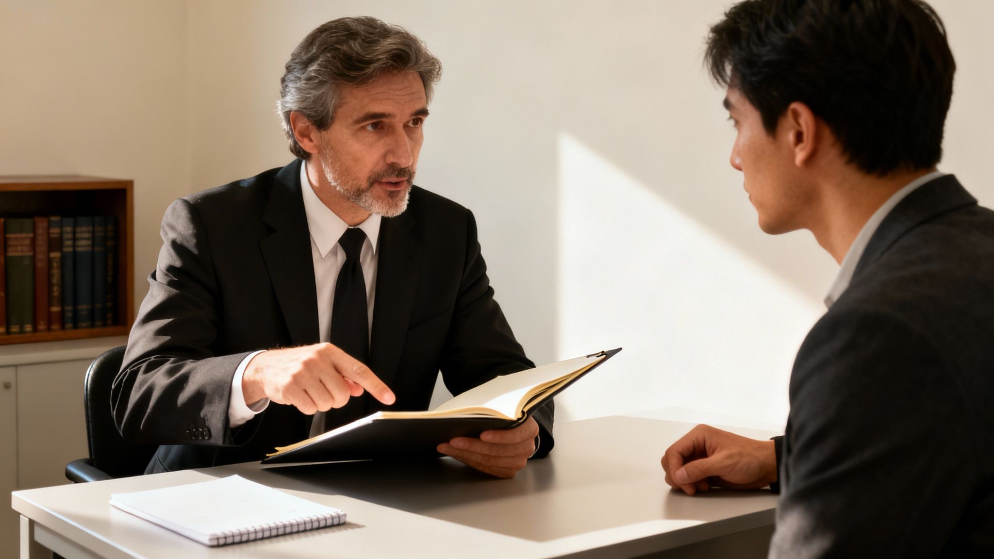 Lawyer consulting with client about burglary of a habitation case, discussing legal strategies and defense options.