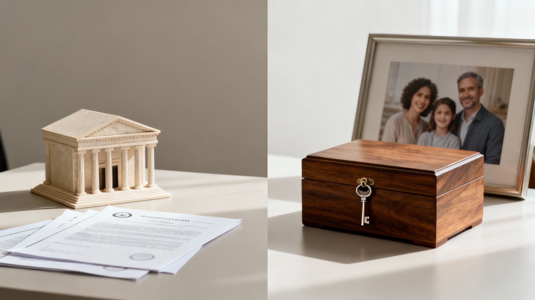 A miniature building model and legal documents on the left, with a family photo and a locked wooden box on the right.