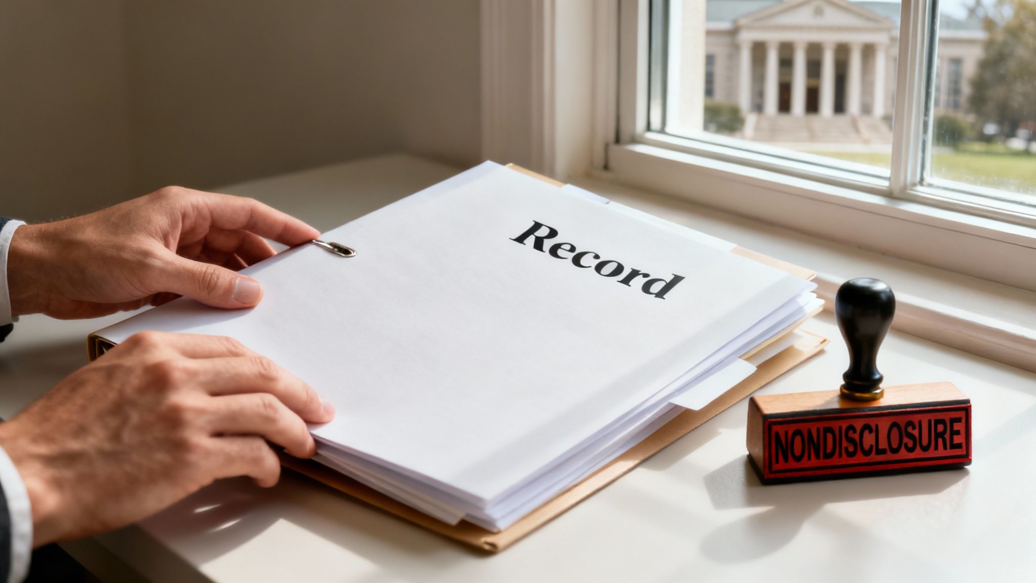 Hands holding a file labeled "Record" beside a stamp marked "Nondisclosure," symbolizing the legal process of sealing criminal records after deferred adjudication.