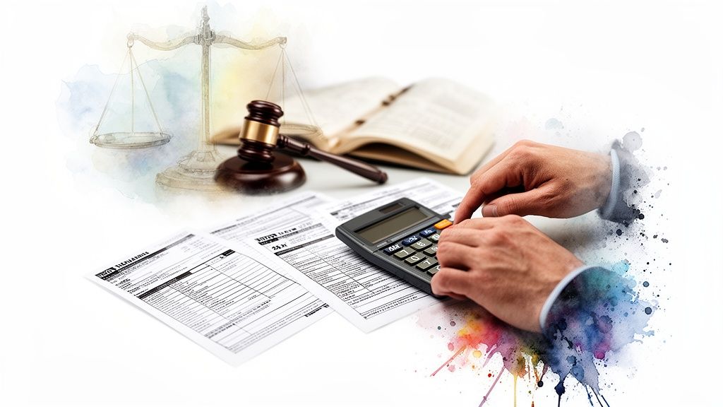 Calculator and legal documents with gavel and scales of justice, symbolizing the calculation of retroactive child support in Texas family law.