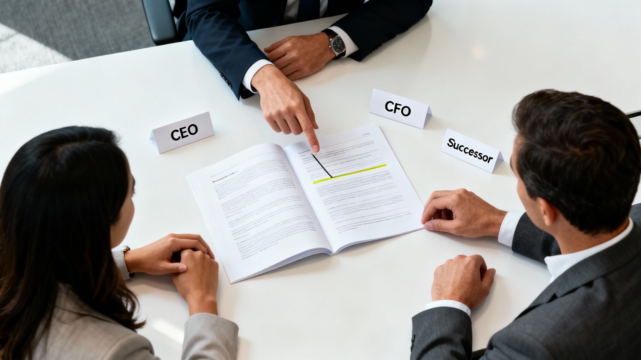 Three business executives, CEO, CFO, and a successor, discuss documents at a white table.