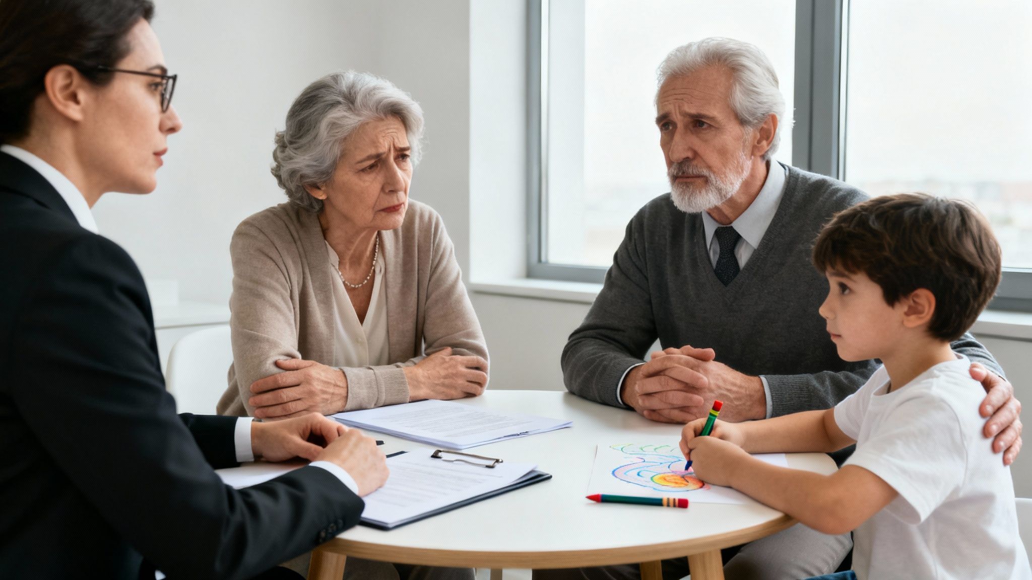 A lawyer consults with an elderly couple and their grandson during a serious discussion.