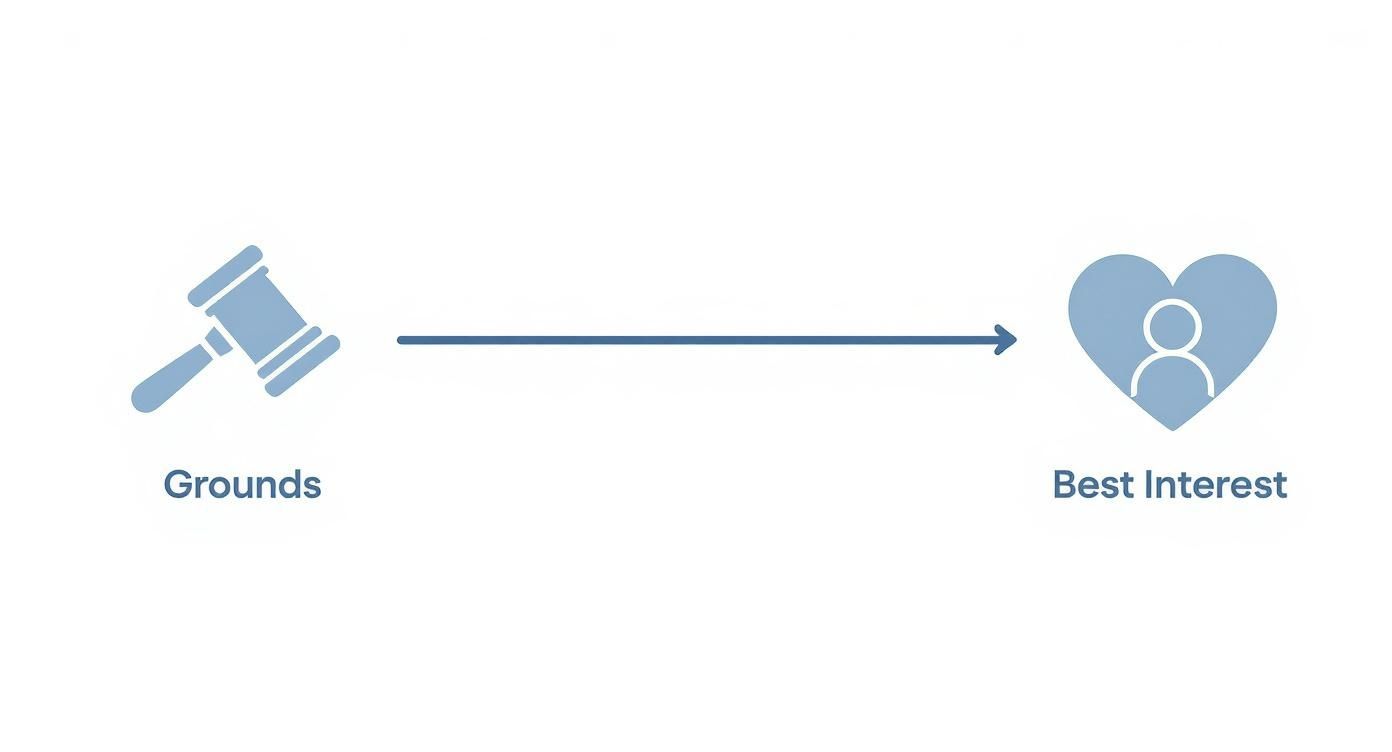 A gavel icon labeled 'Grounds' points with an arrow to a heart icon with a person silhouette, labeled 'Best Interest'.