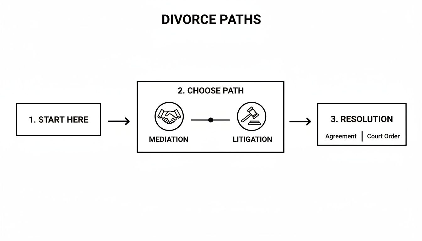 A flowchart illustrates the divorce paths, from starting point to choosing mediation or litigation, leading to resolution.