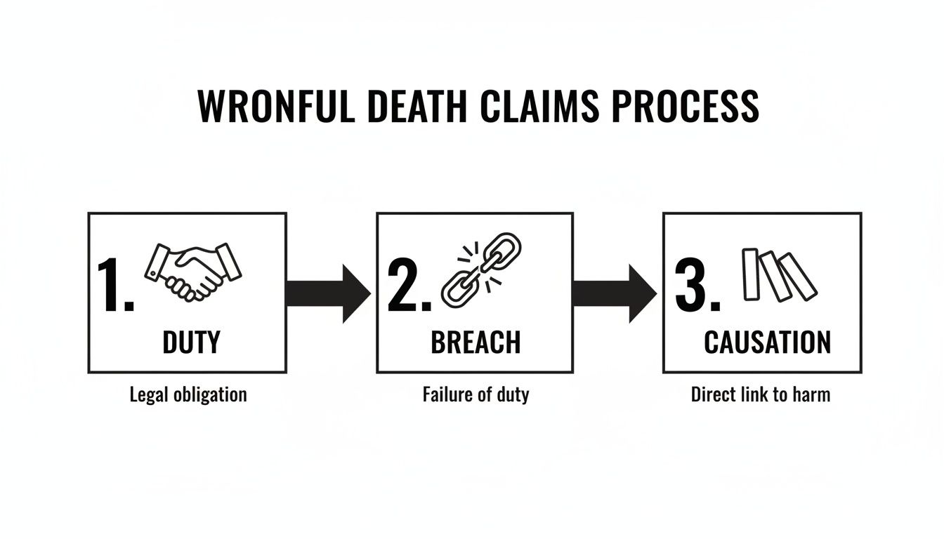A legal infographic illustrating the wrongful death claims process: Duty, Breach, and Causation steps.