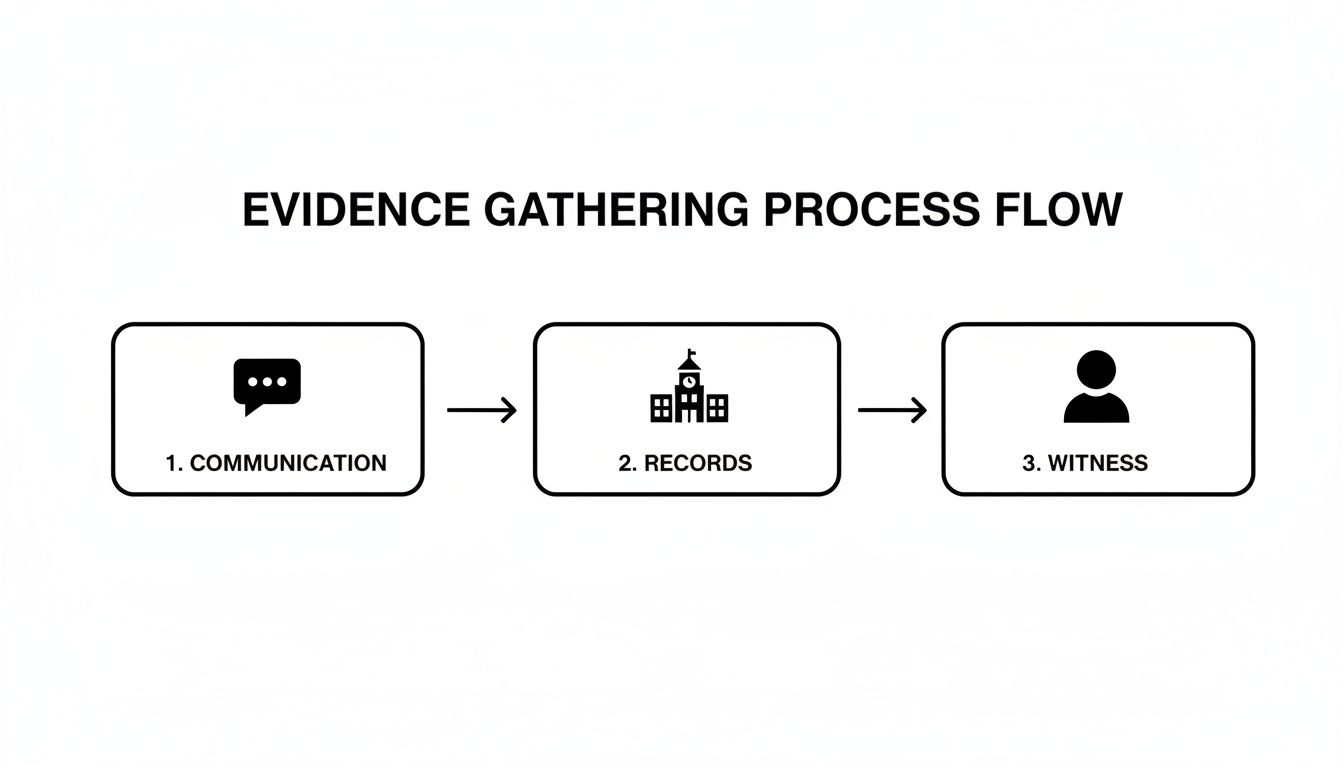 A flowchart titled 'Evidence Gathering Process Flow' showing three steps: Communication, Records, and Witness.