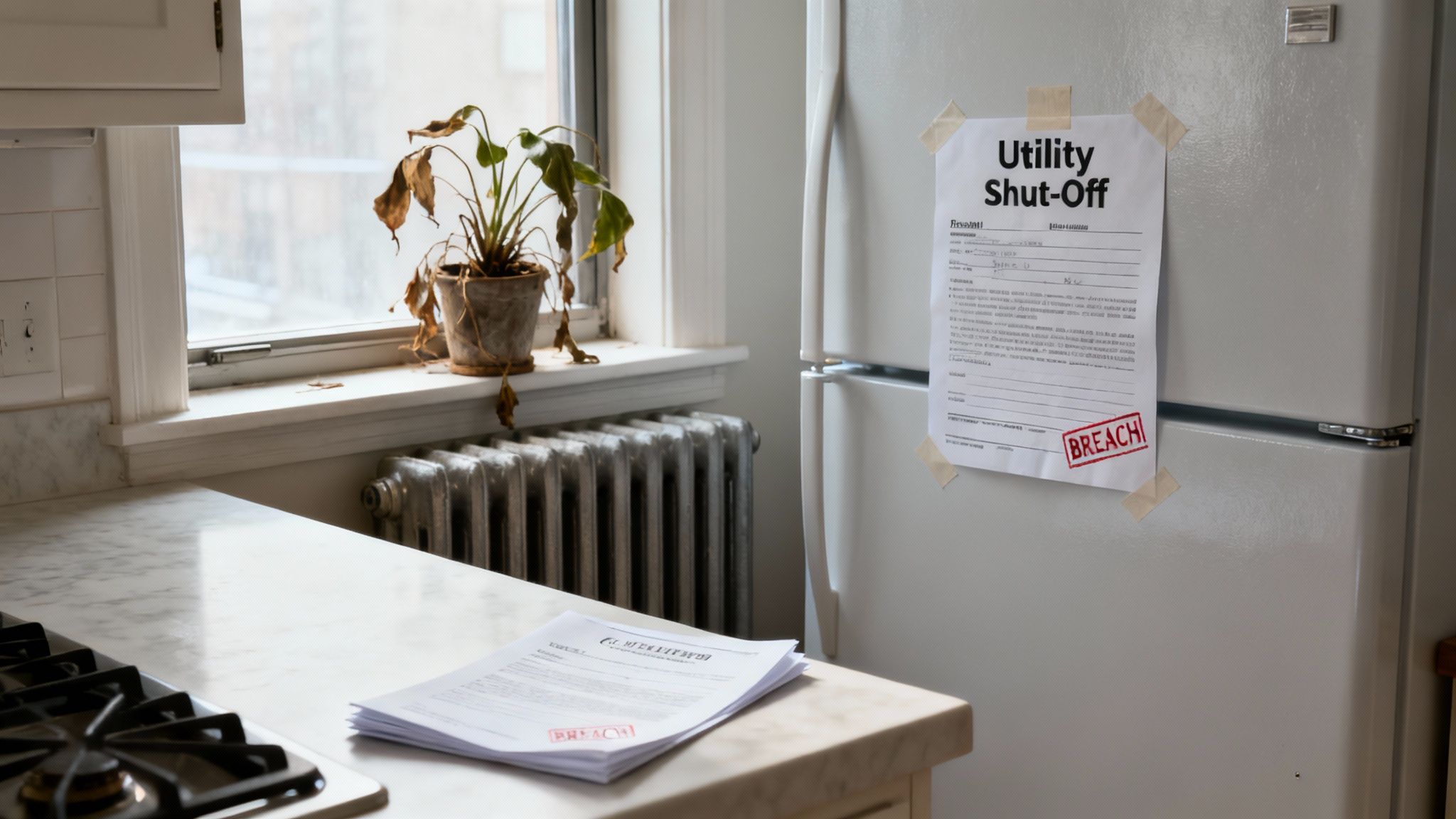 Utility shut-off notice labeled "BREACH" taped to a refrigerator in a kitchen, with a stack of lease documents on the countertop and a wilted plant in the window, illustrating tenant rights and landlord obligations in Texas lease agreements.