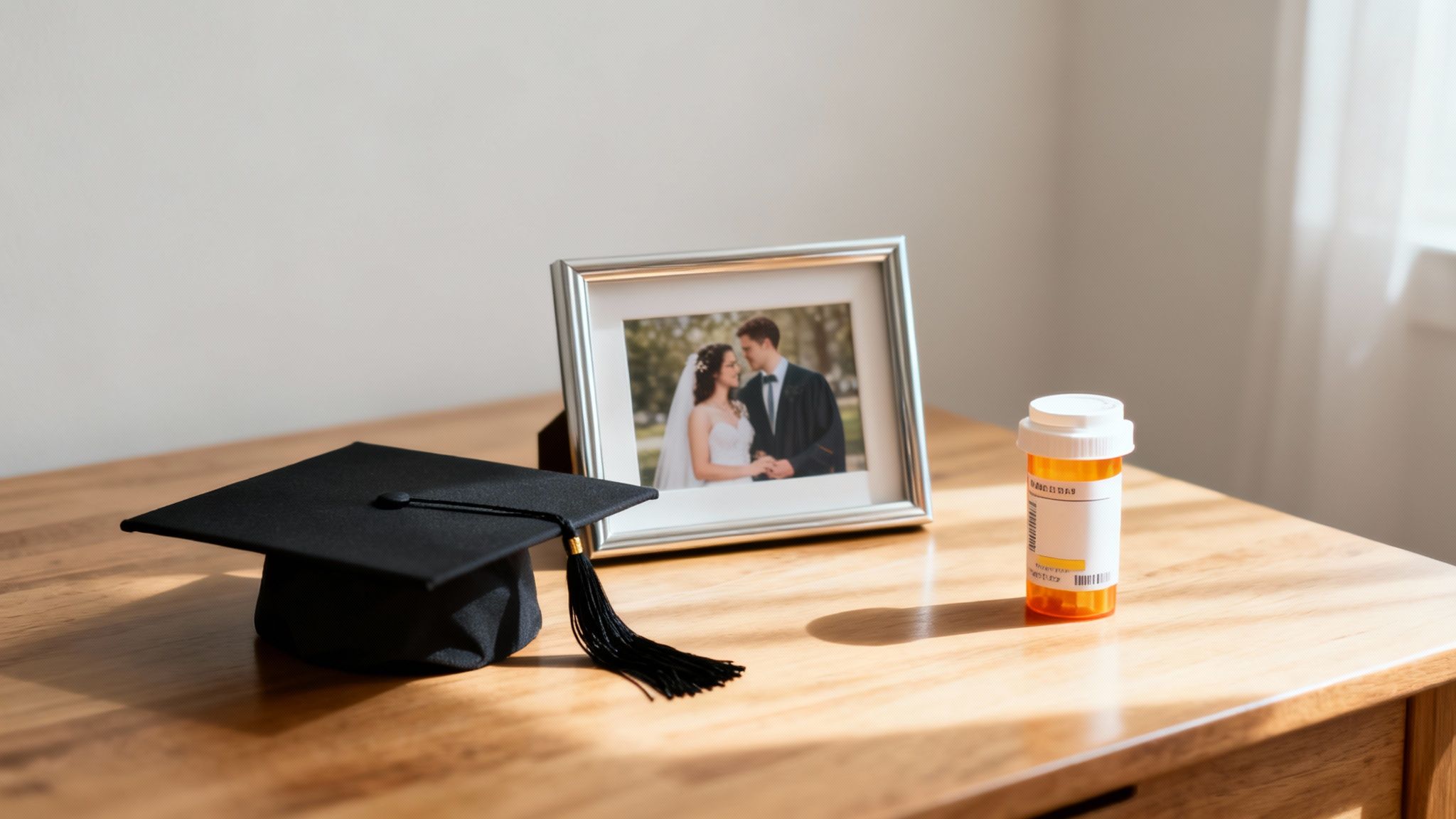 A graduation cap, a framed picture of a couple, and a prescription bottle on a wooden table.