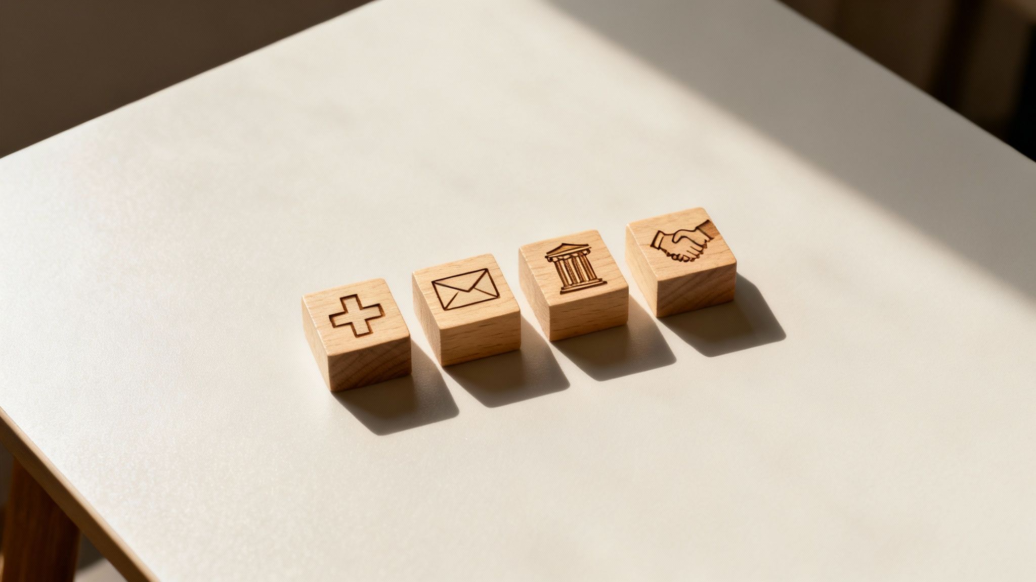 Four wooden blocks displaying health, mail, finance, and handshake icons on a light surface.