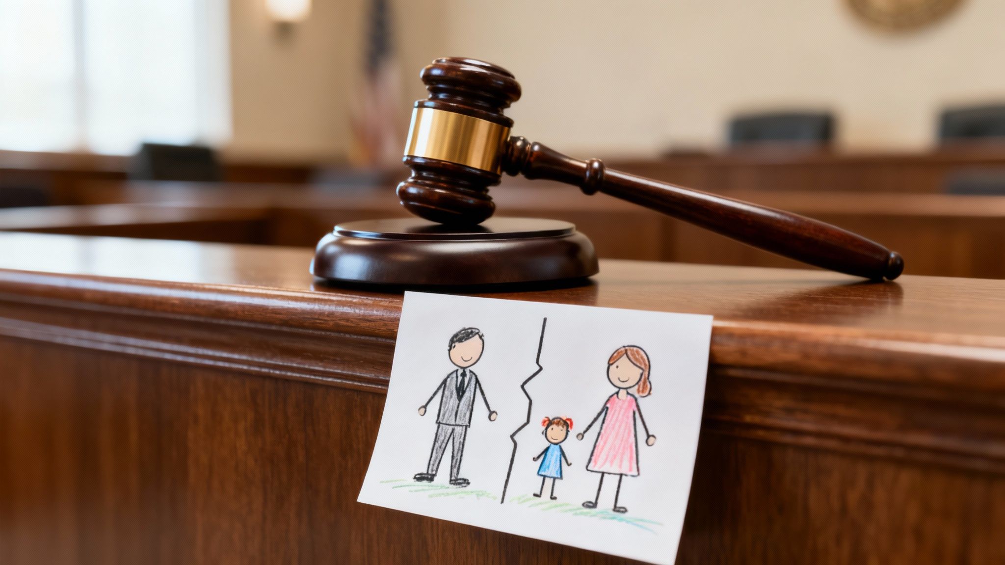 A judge's gavel rests on a courtroom bench, beside a child's drawing of a divided family, symbolizing divorce.