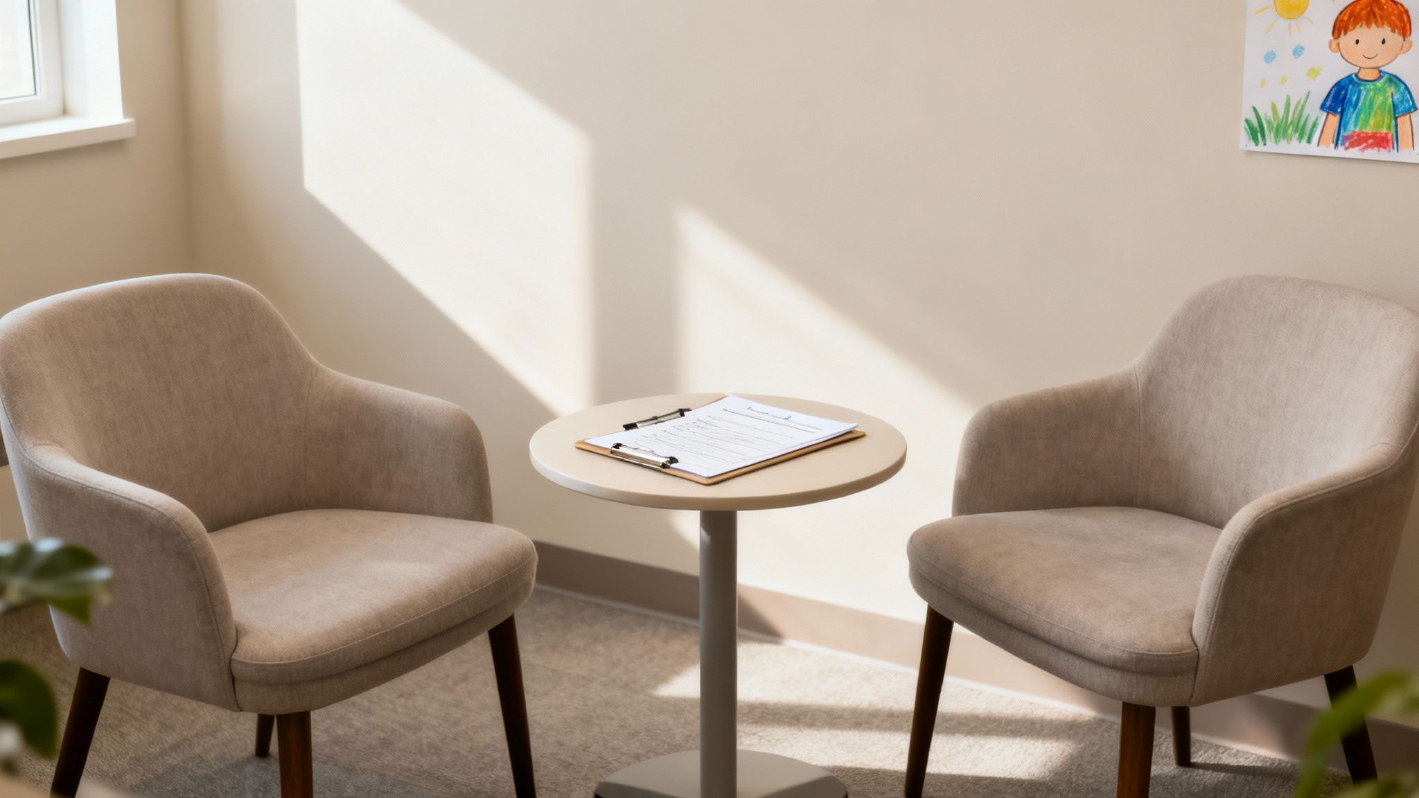 A bright therapy room with two comfortable chairs, a small table, and a child's artwork.