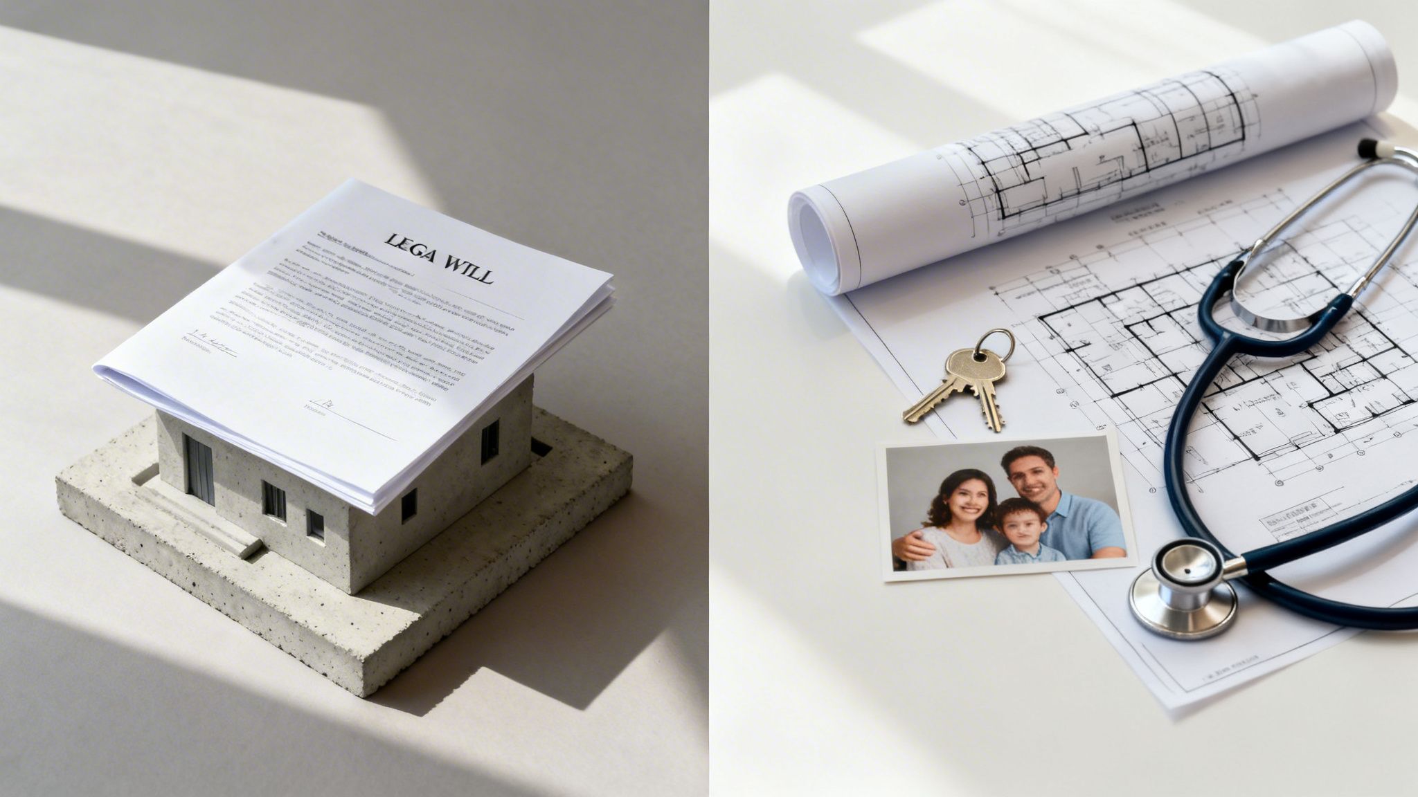 A legal will on a house model, with blueprints, keys, a family photo, and a stethoscope.