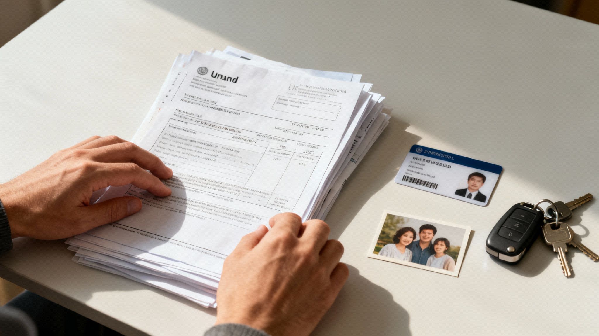 Manos revisando una pila de documentos sobre una mesa con una foto familiar, una identificación y llaves.