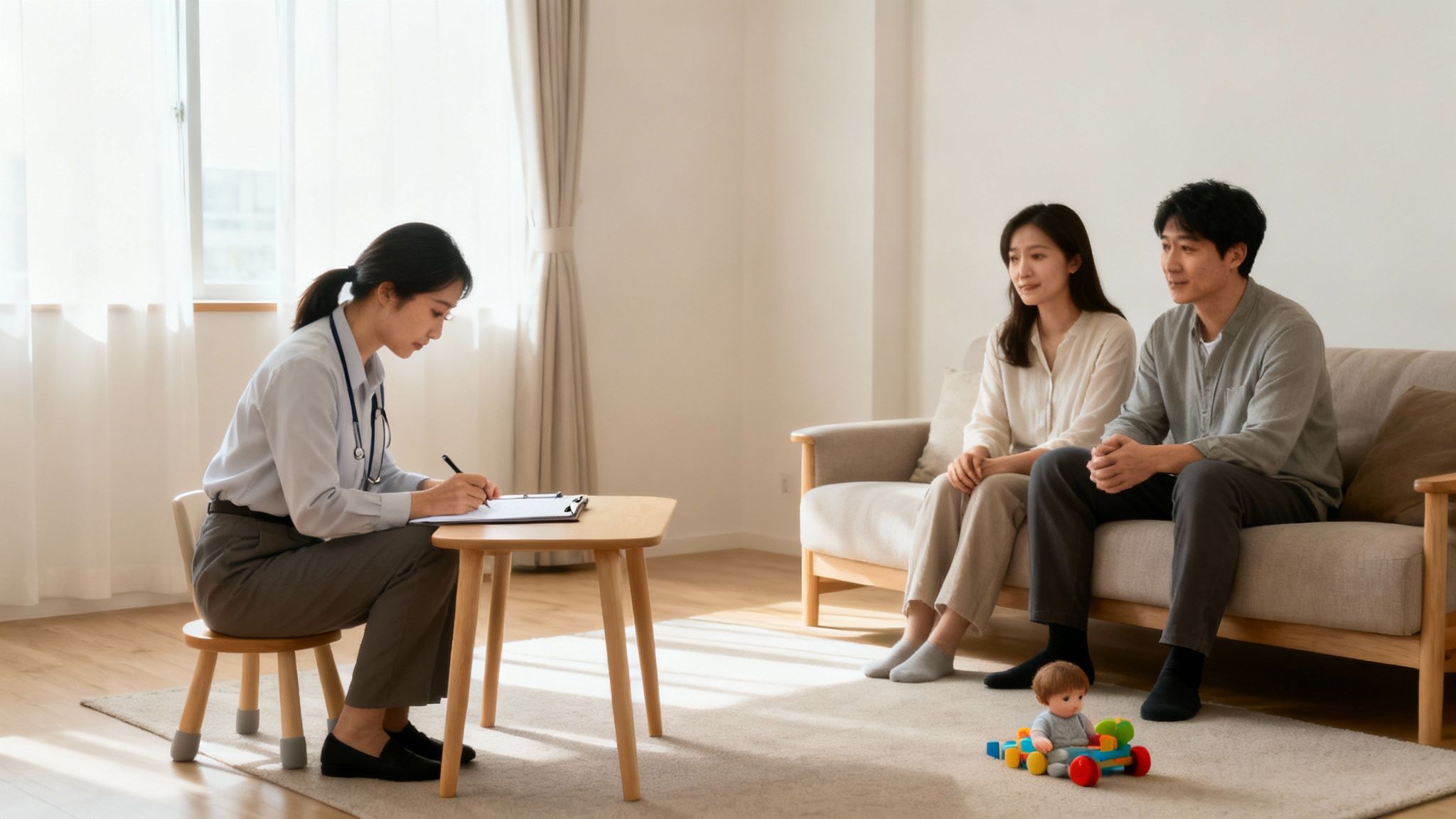 A female doctor consults a couple sitting on a sofa, possibly discussing adoption options.