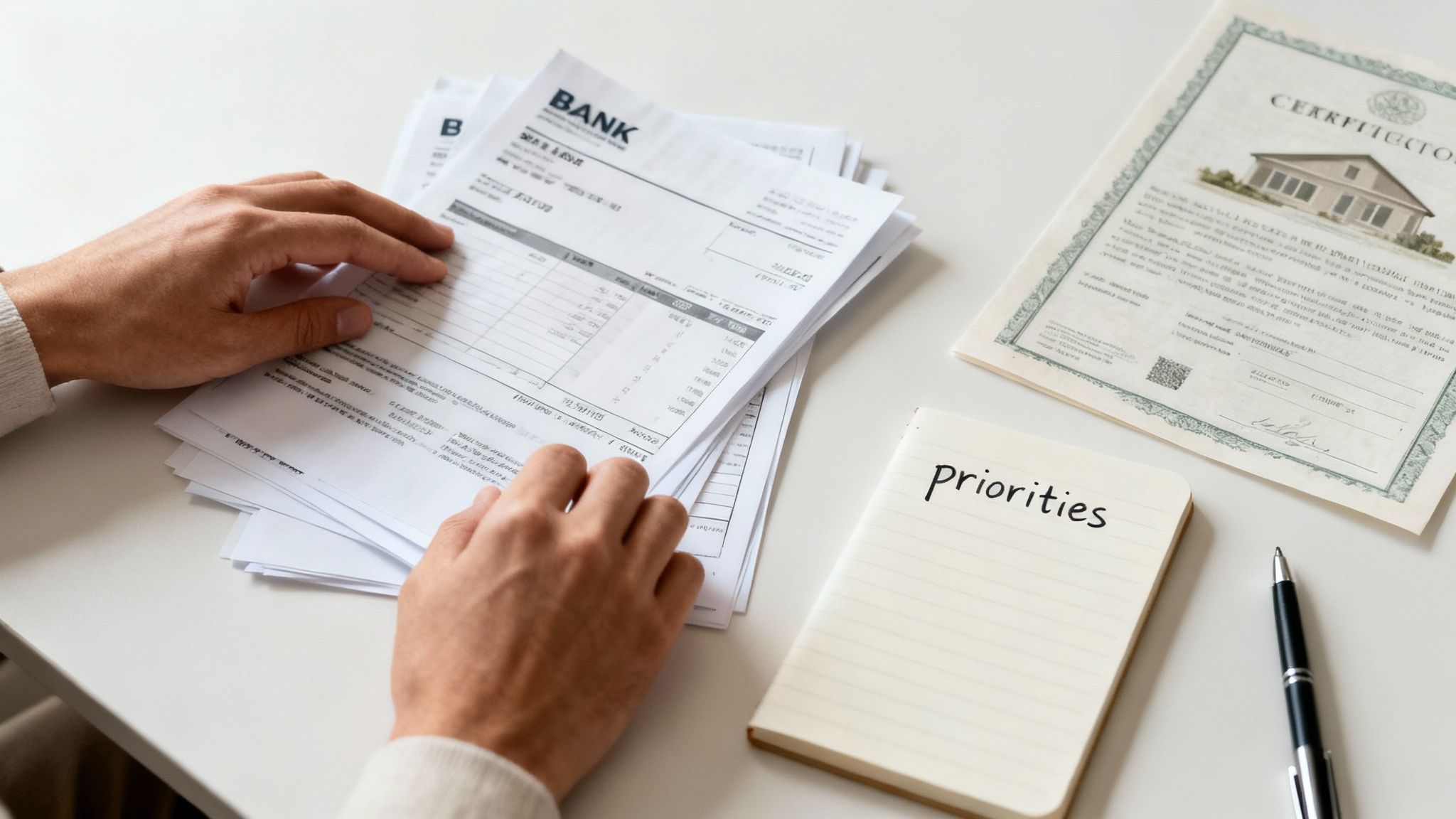 Hands sort bank statements and documents on a desk with a property certificate and 'Priorities' notebook.