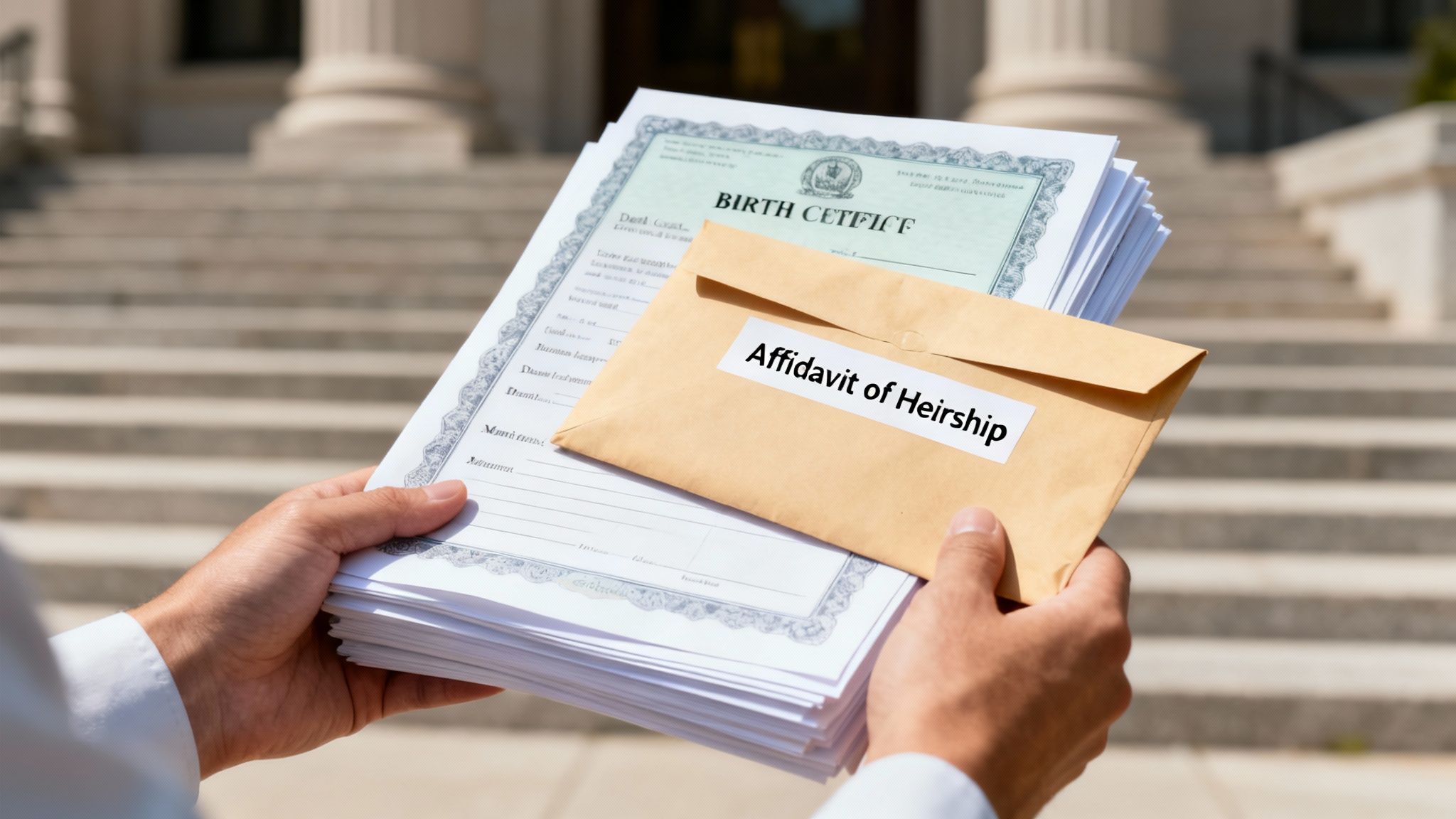 Hands holding legal documents, including a birth certificate and an 'Affidavit of Heirship' envelope.