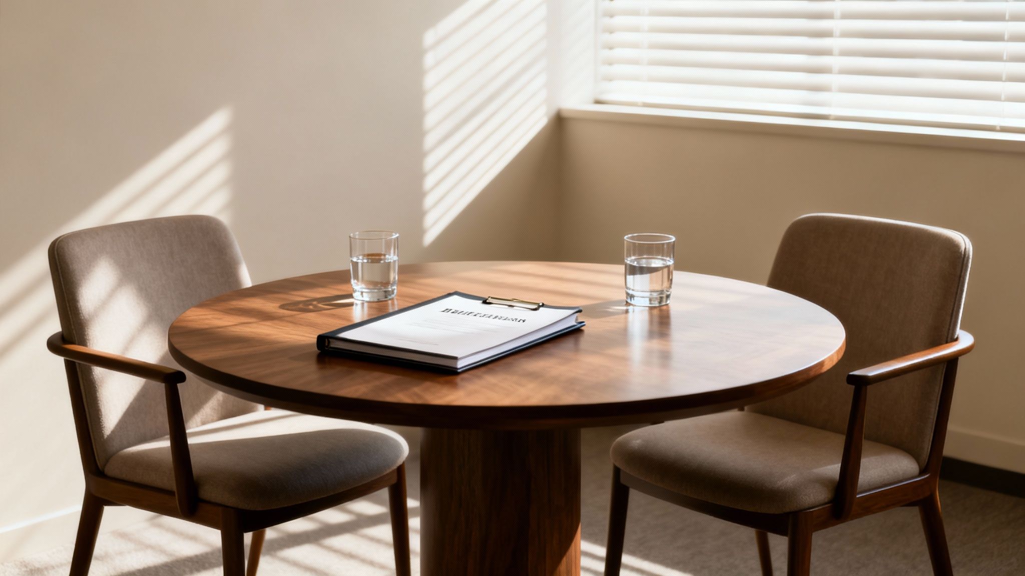 A round wooden table with two chairs, two glasses of water, and an interview binder.