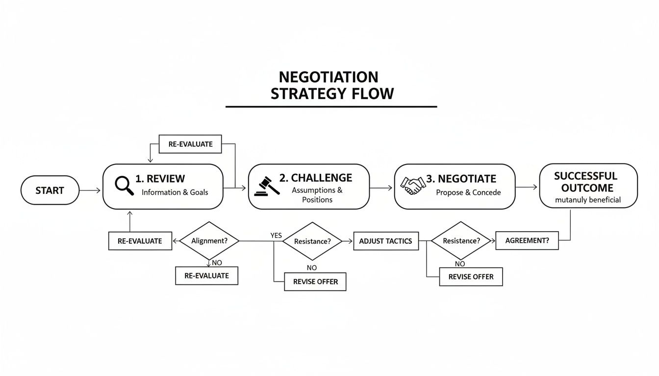 A detailed flowchart illustrating a negotiation strategy process from start to successful outcome.