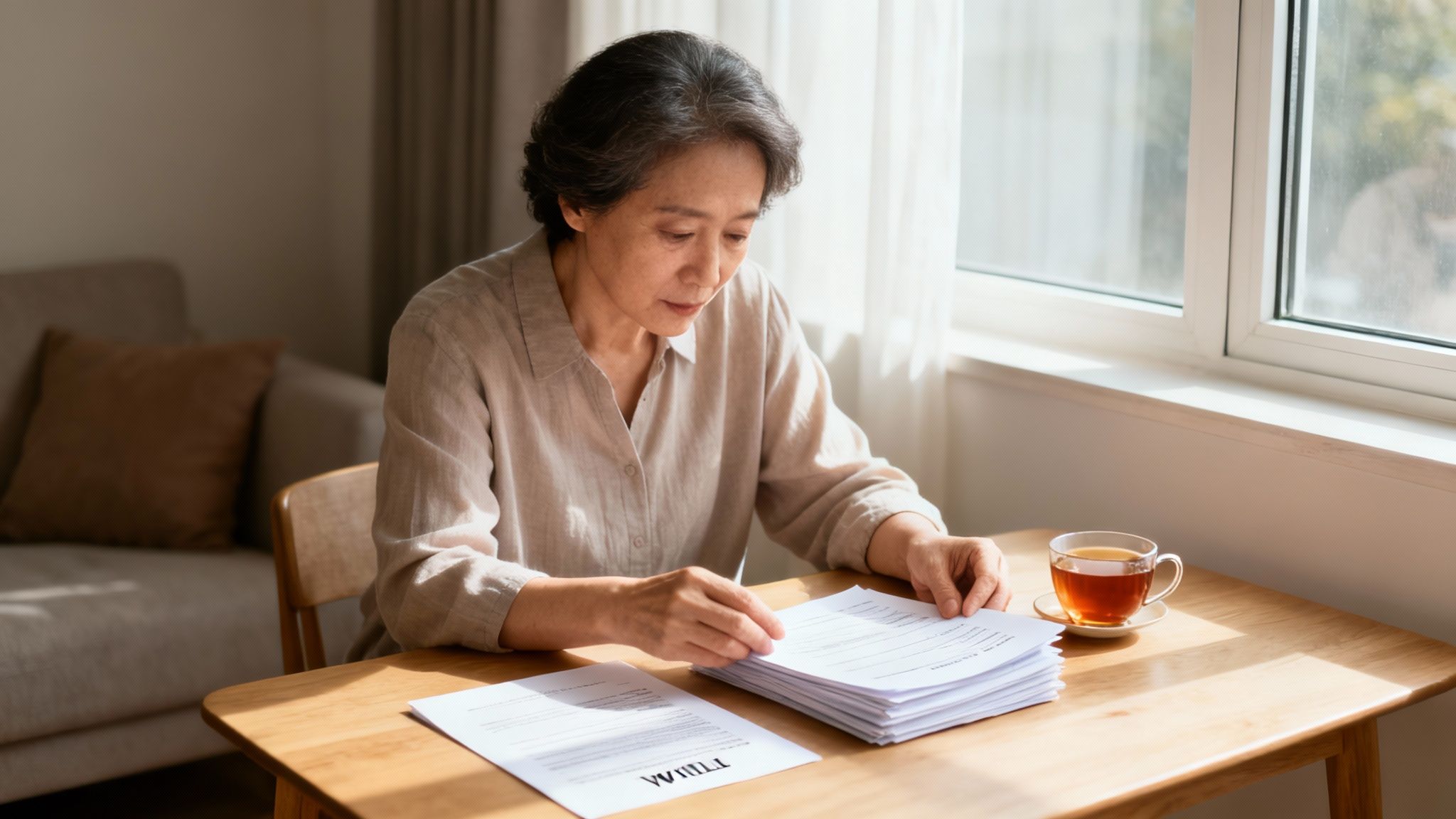 Woman reviewing legal documents related to a will at a table, with a cup of tea, symbolizing the probate process in Texas.