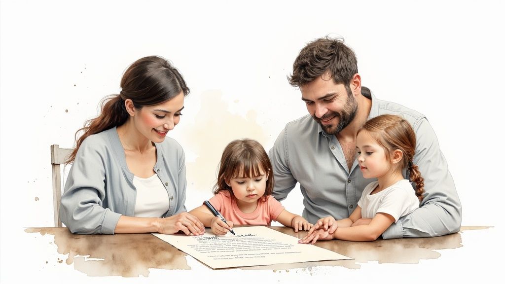 Family working together to create a will, with a mother writing on a document while two young daughters observe, emphasizing the importance of DIY estate planning in Texas.