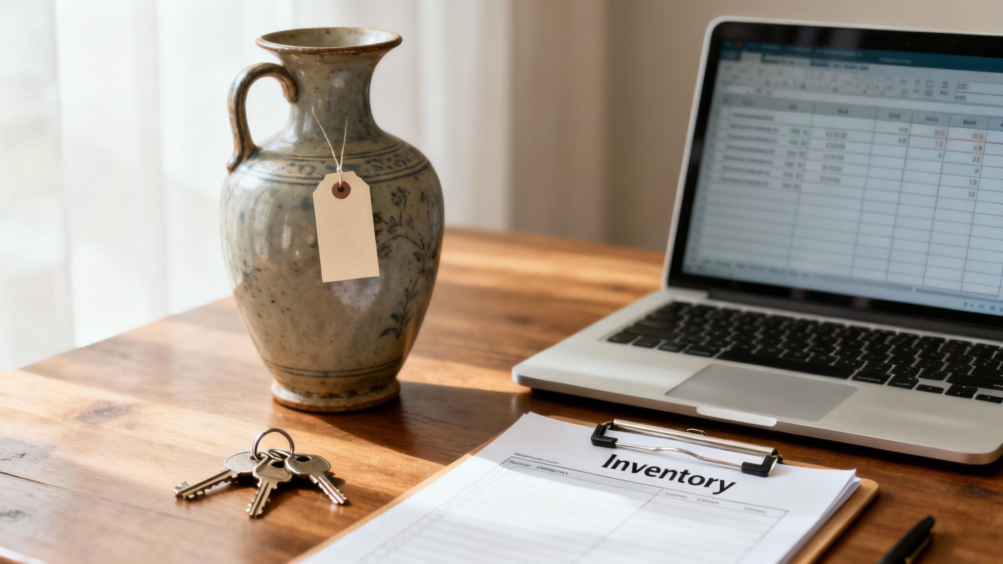A desk with an inventory checklist, laptop showing a spreadsheet, keys, and an antique vase with a blank tag, suggesting estate management.