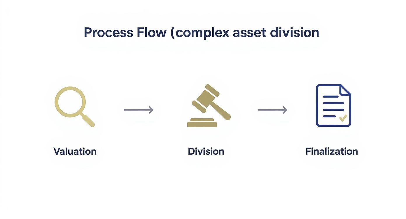 Process flow for complex asset division, showing steps: Valuation, Division, and Finalization.