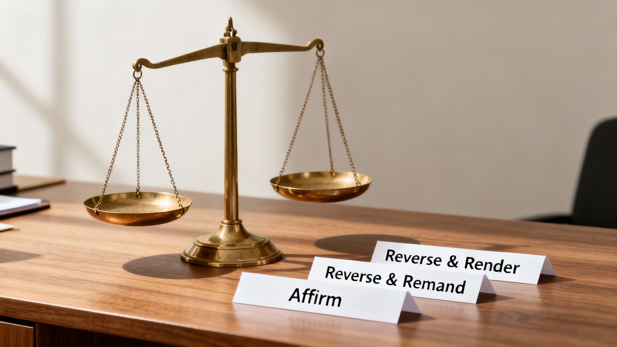 Brass scale of justice on a wooden desk with cards for appellate court decisions: 'Affirm', 'Reverse & Remand', 'Reverse & Render'.