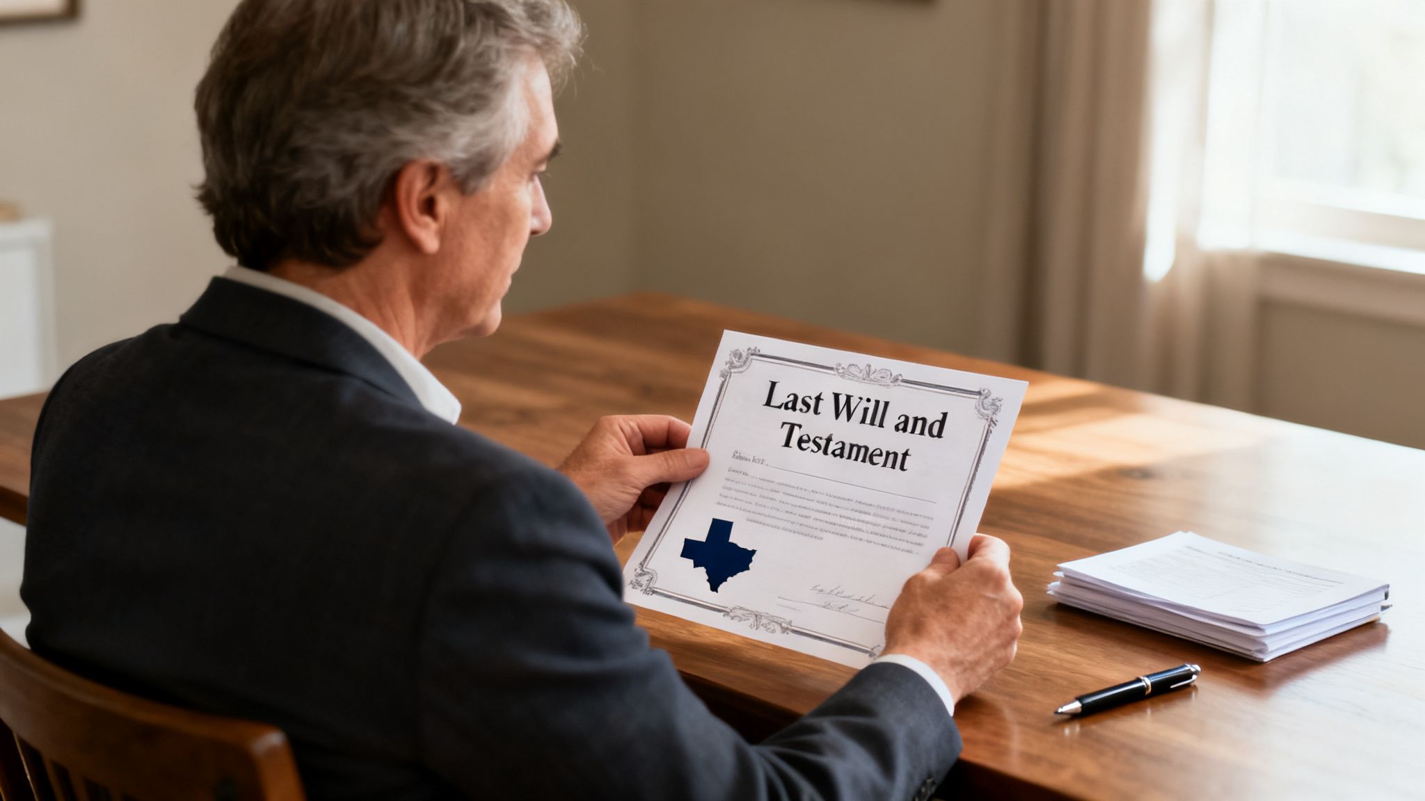 An older man reviews a 'Last Will and Testament' document with a Texas map, sitting at a wooden table.