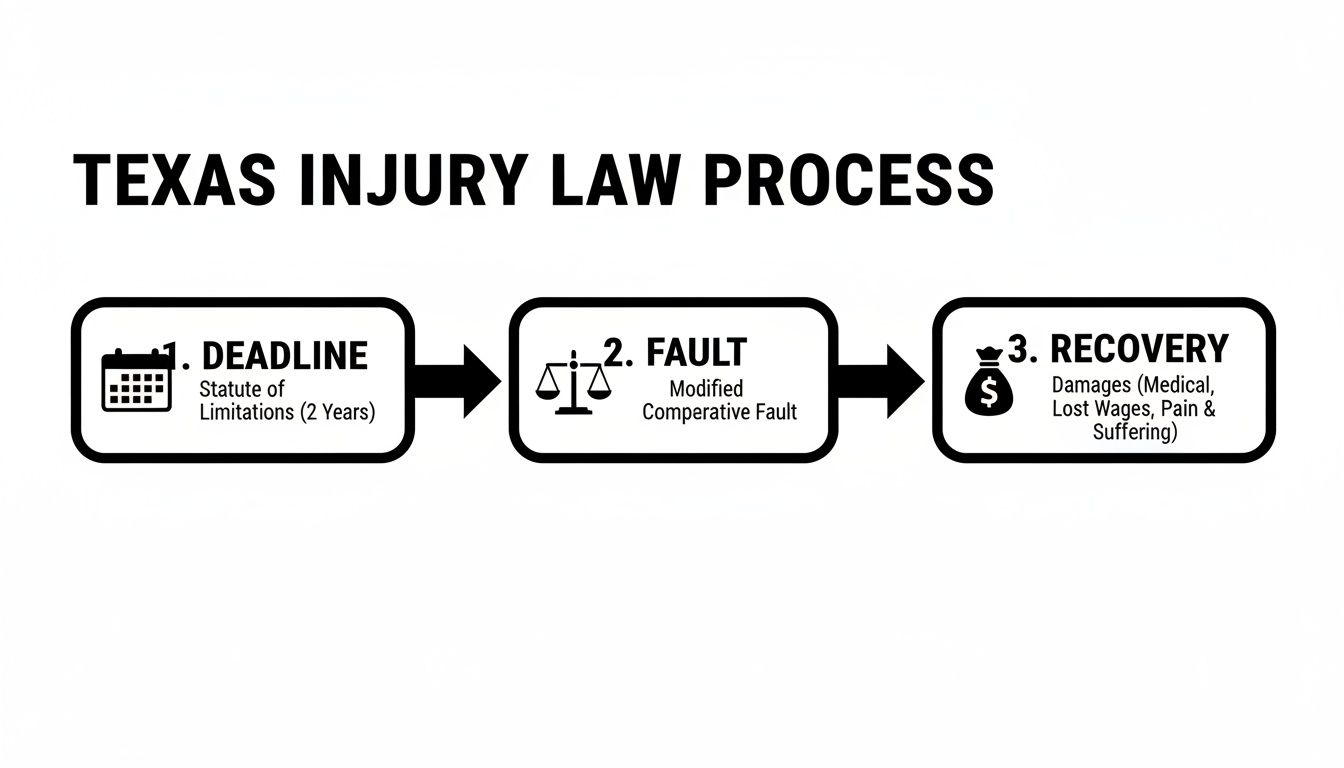 A flowchart outlines the Texas Injury Law Process, covering deadlines, fault, and recovery of damages.