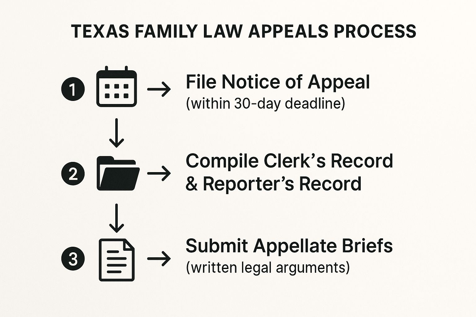 Texas family law appeals process infographic outlining steps: 1. File Notice of Appeal (30-day deadline), 2. Compile Clerk’s and Reporter’s Records, 3. Submit Appellate Briefs (written legal arguments).