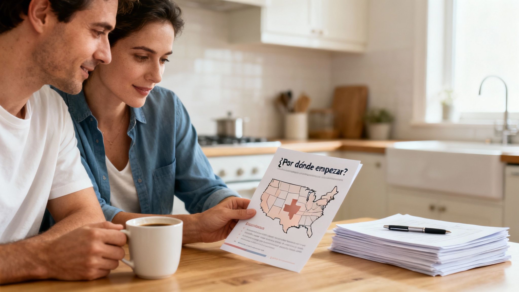 Pareja en la cocina estudiando un mapa de EE. UU. sobre los requisitos de adopción.