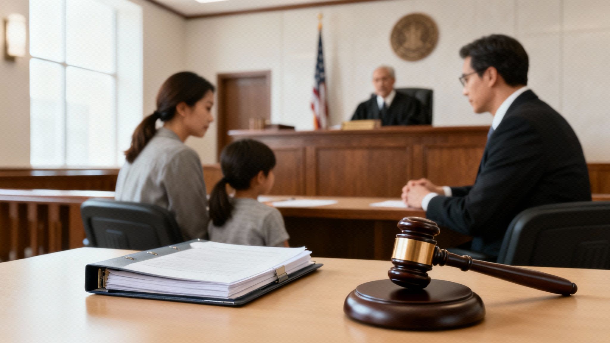 A courtroom gavel resting on a law book, representing the legal hearing process.