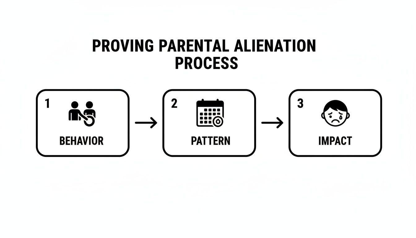 A diagram illustrates the 3-step process for proving parental alienation: behavior, pattern, and impact.