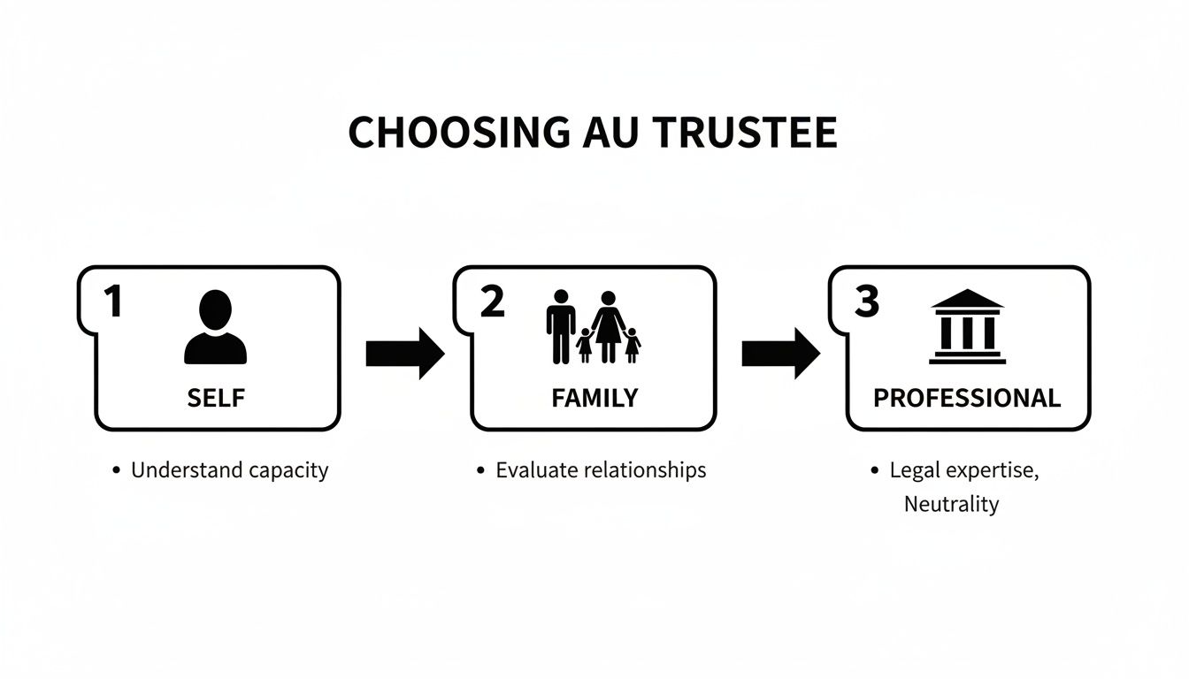 Flowchart illustrating three steps for choosing a trustee: Self, Family, and Professional.
