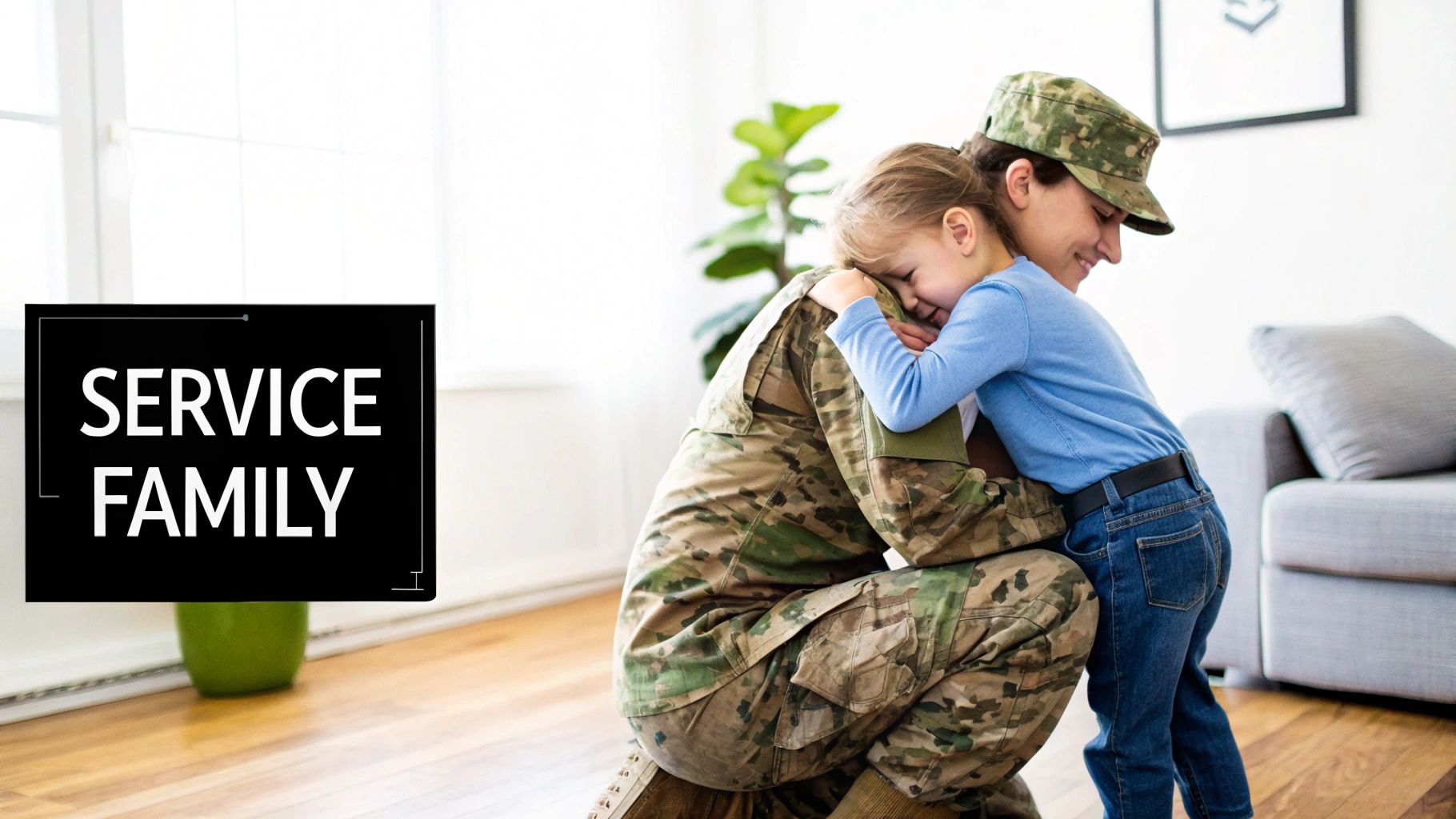 A uniformed soldier kneels to hug a young child tightly, symbolizing military family reunion and support.