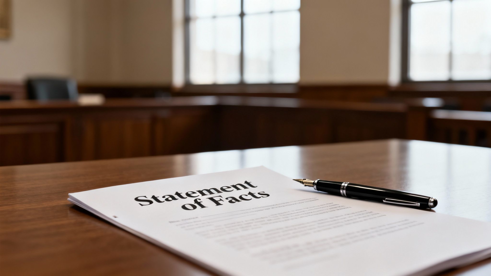 A 'Statement of Facts' document with a fountain pen on a wooden table in a courtroom.