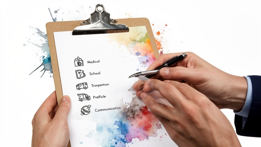 Hands holding a clipboard with a checklist for medical, school, transportation, and communication guidelines, emphasizing co-parenting planning.