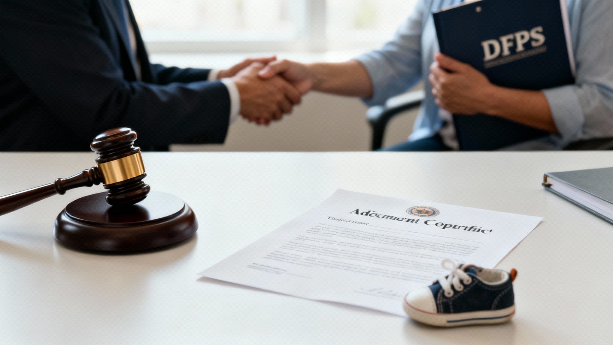 A gavel, adoption document, and baby shoe on a table, with people shaking hands in the background.