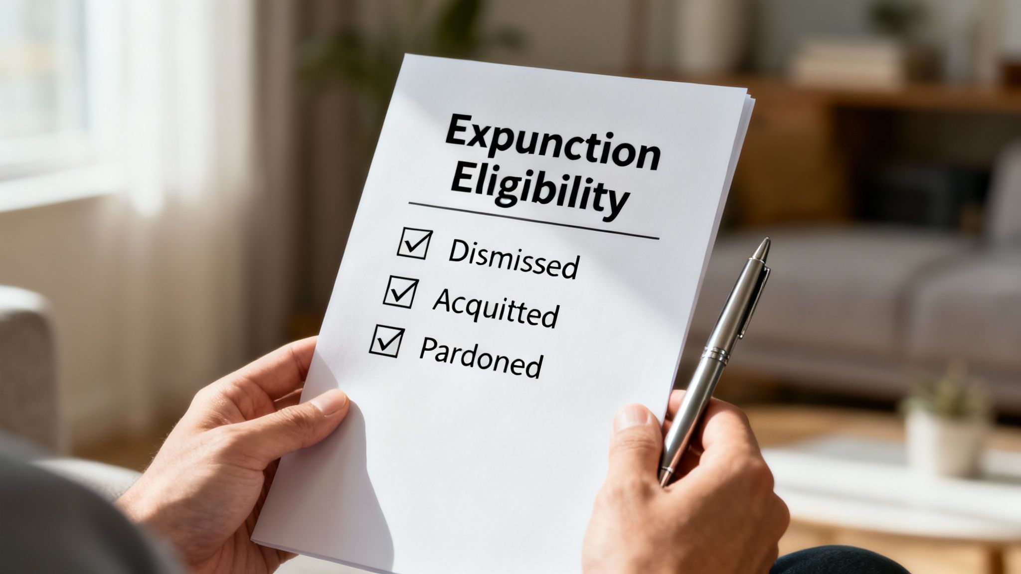 Person holding expungement eligibility checklist with dismissed, acquitted, and pardoned options checked