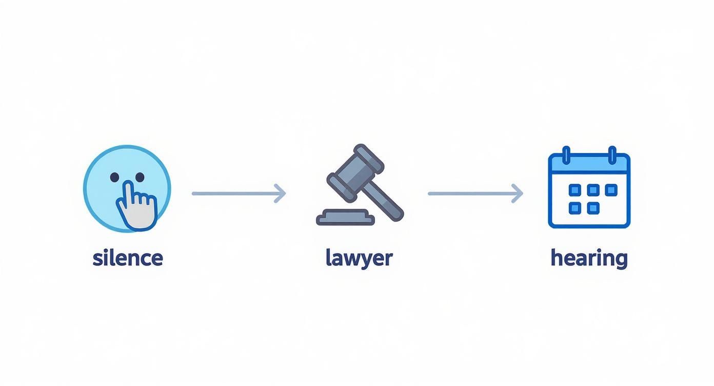 Infographic illustrating three critical steps for DWI defense: silence, hiring a lawyer, and scheduling an ALR hearing.