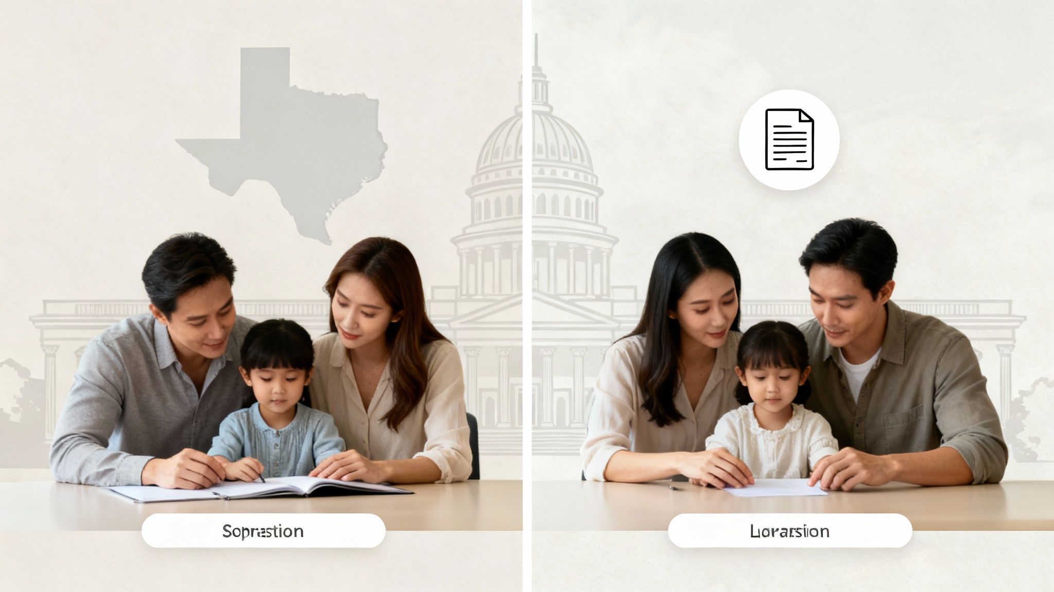 Two panels show families and children engaged in activities, with legal and state symbols.