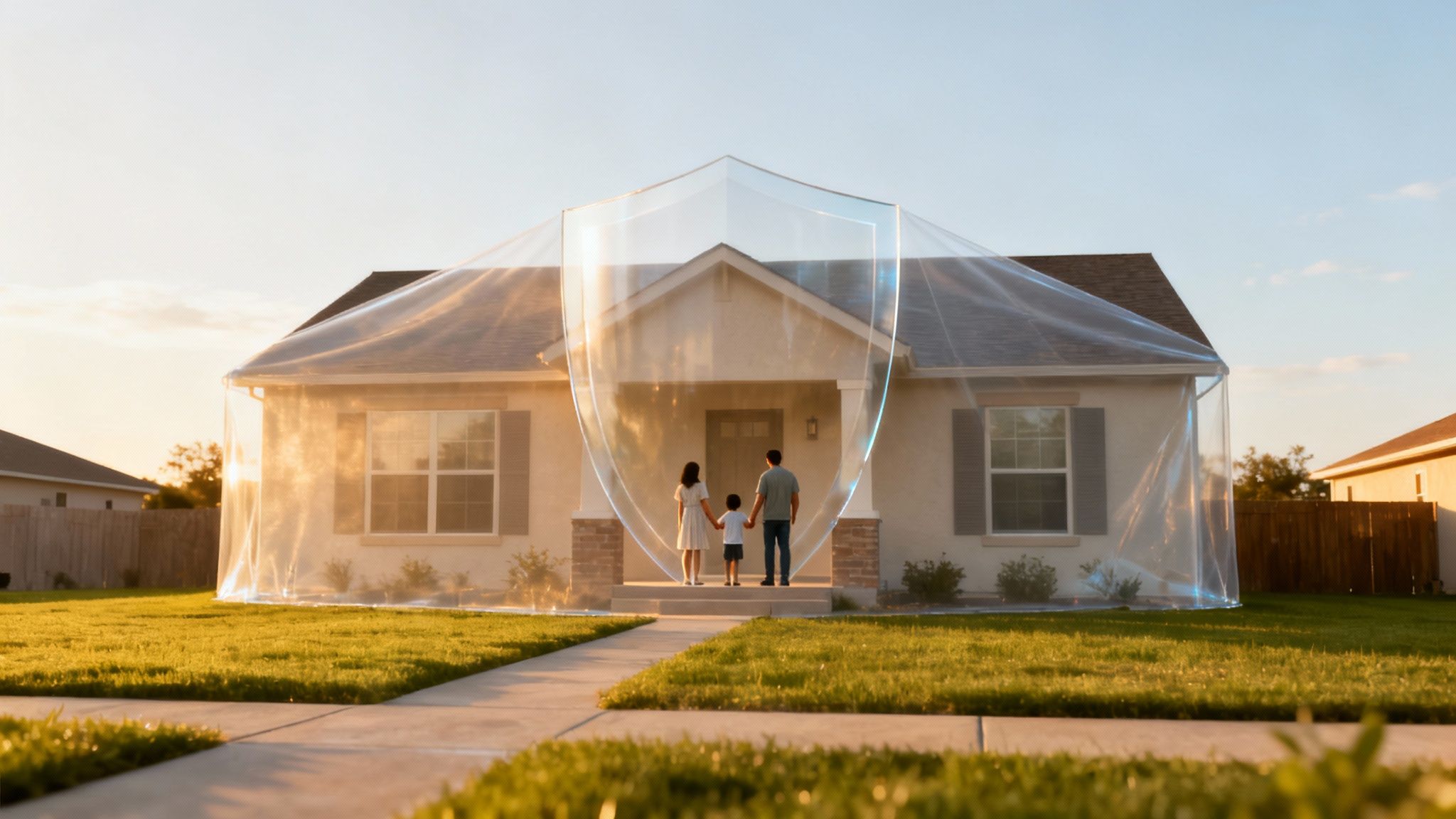 Familia protegida por un escudo transparente frente a su casa al atardecer, simbolizando seguridad y hogar.