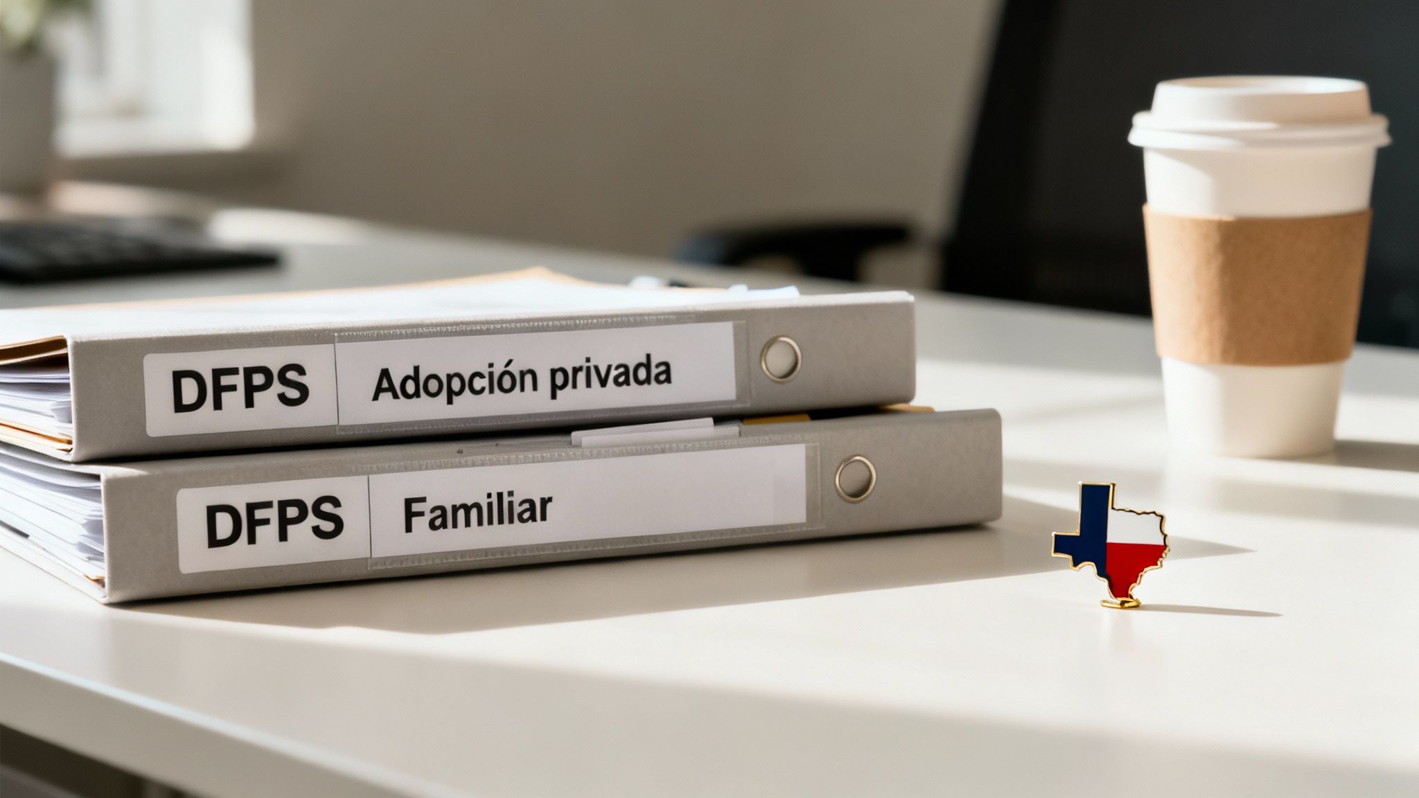 Dos carpetas etiquetadas 'DFPS Adopción privada' y 'DFPS Familiar' sobre un escritorio con un pin de Texas y una taza de café.