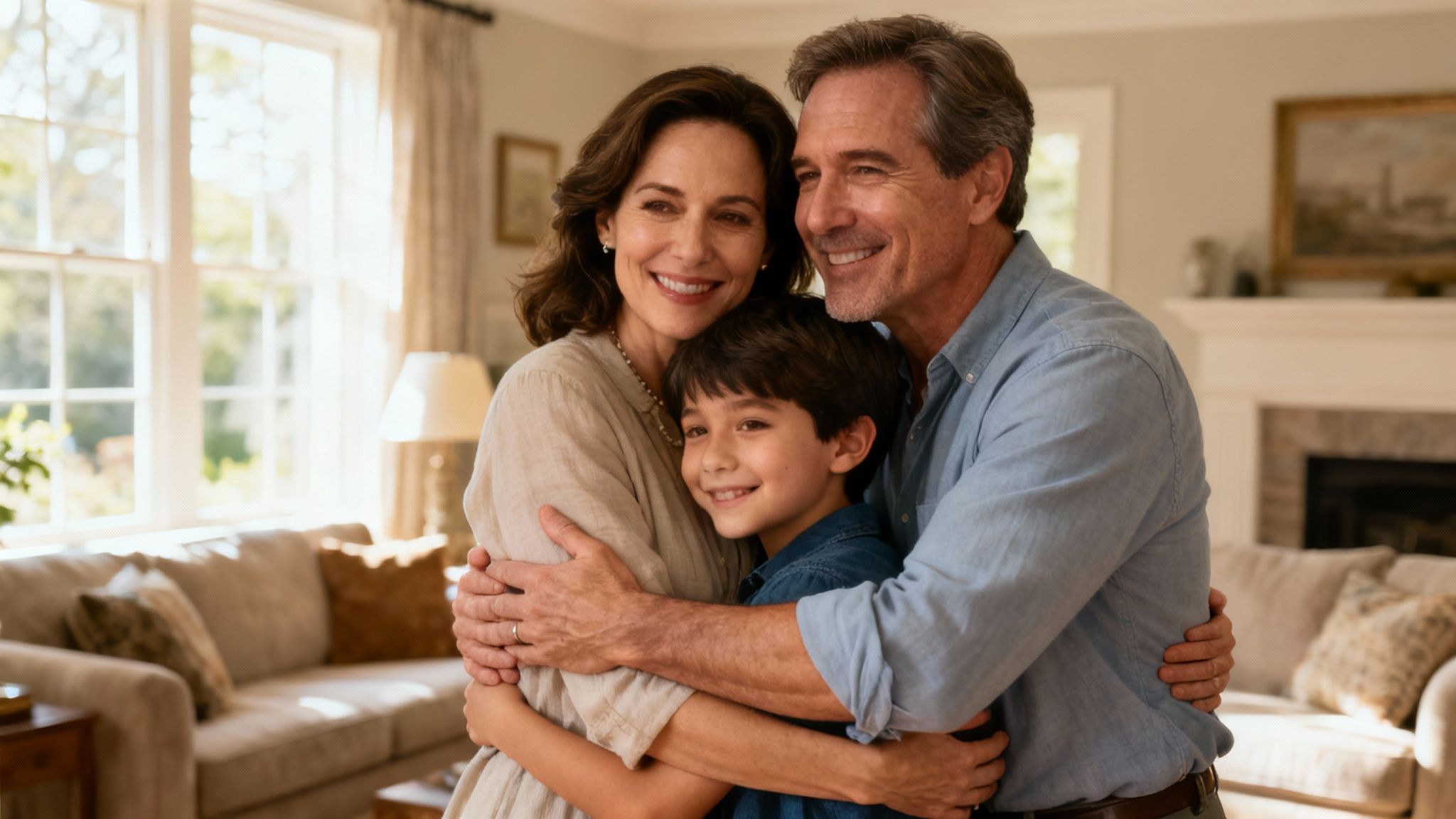 Family embracing in a warm, inviting living room, symbolizing love and connection in the context of stepchild adoption and family unity.