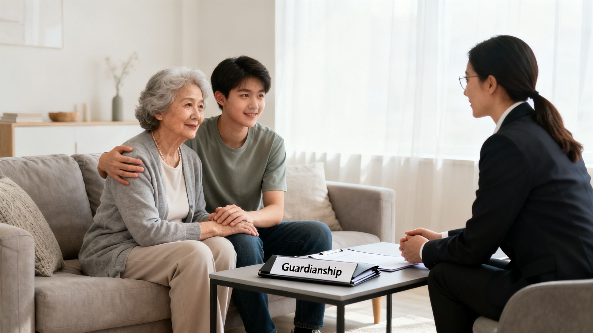 An elderly woman and a young man discuss guardianship with a female legal professional in a modern office.