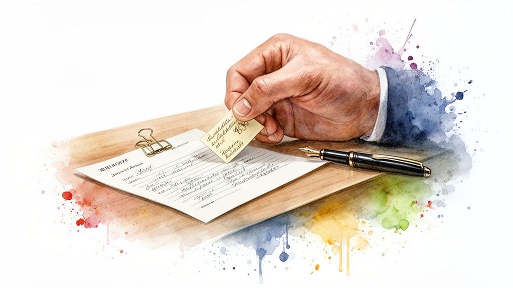 A hand places a small note over a legal document with a fountain pen and binder clip.