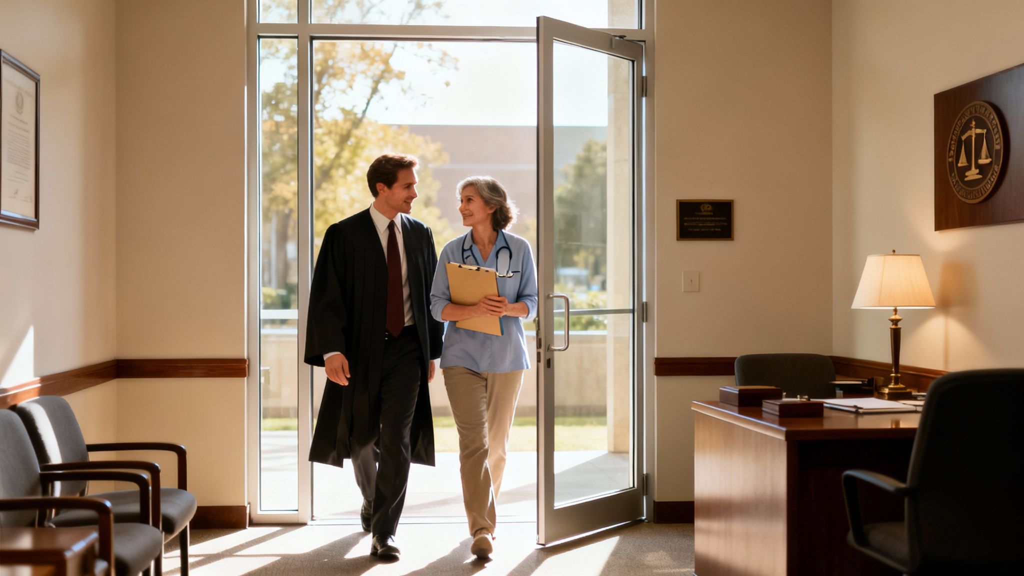 A lawyer in a robe and a female healthcare professional walk through a doorway, smiling.
