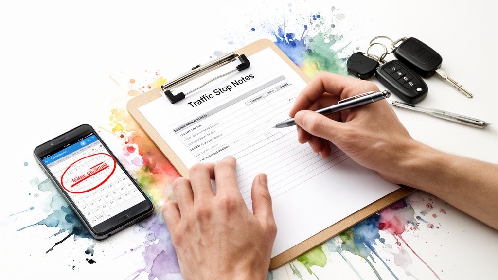 Person writing traffic stop notes on a clipboard next to a phone displaying 'Delay Deadline' and car keys.