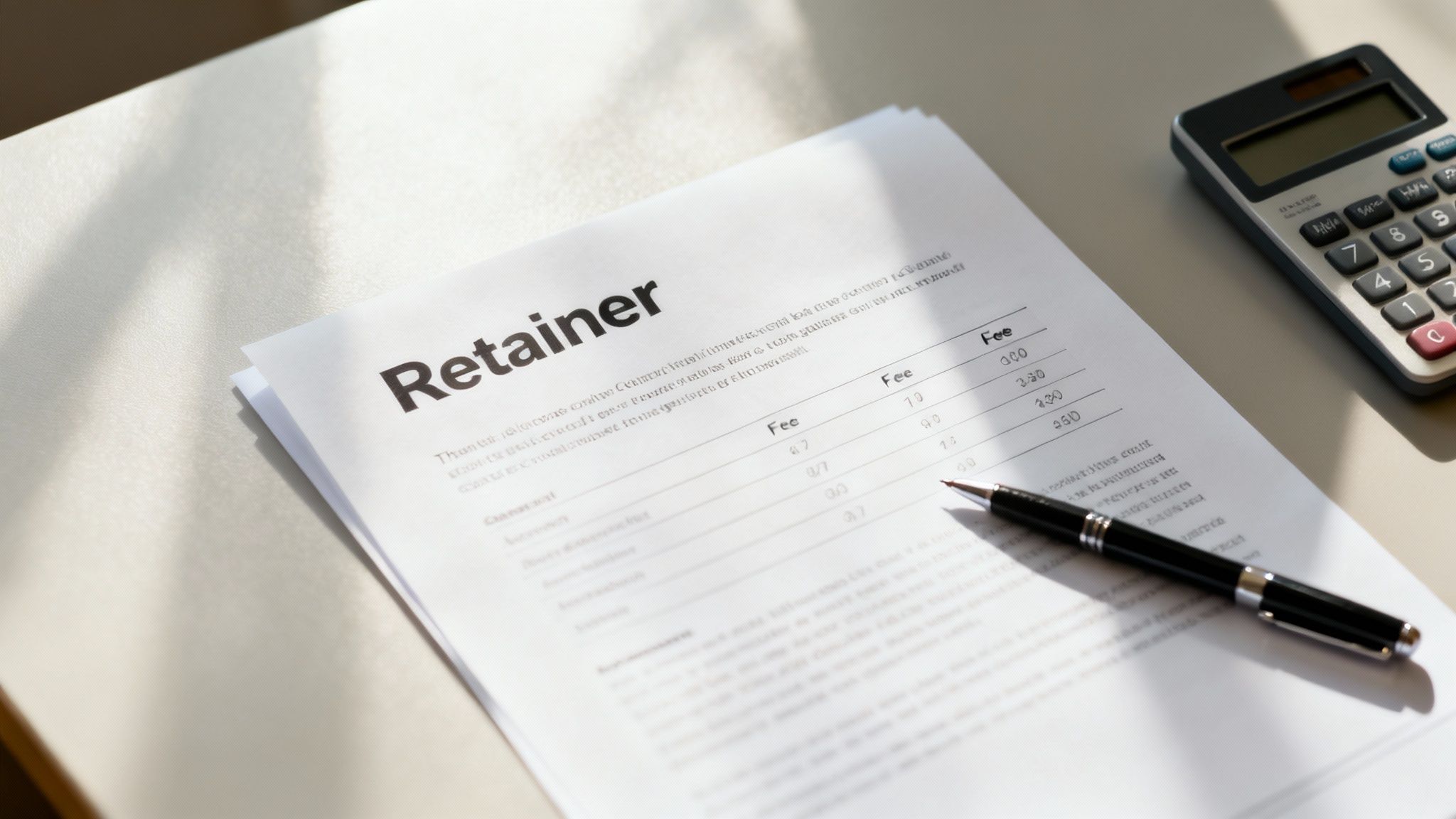 Retainer agreement document with fee structure and a pen, symbolizing legal consultation and costs for criminal defense representation in Texas.
